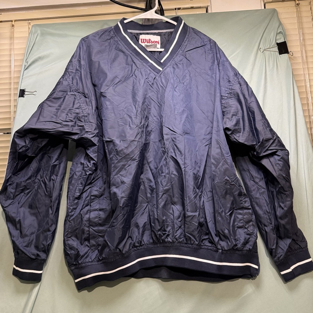 Vintage Wilson Jacket Mens Size Large 90s Tennis Windbreaker Navy Blue V-Neck